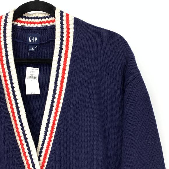 GAP V-Neck Cardigan Sweater Womens Sz S Navy Blue Red White Stripe Trim NEW - Picture 3 of 7